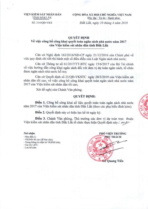 Công khai quyết toán ngân sách nhà nước năm 2017 của VKSND tỉnh Đắk Lắk