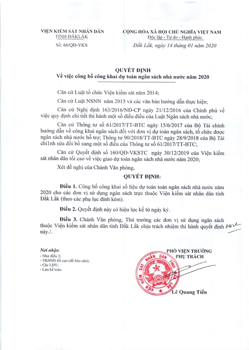 VKSND tỉnh Đắk Lắk&#x3A; Công bố công khai dự toán ngân sách nhà nước năm 2020