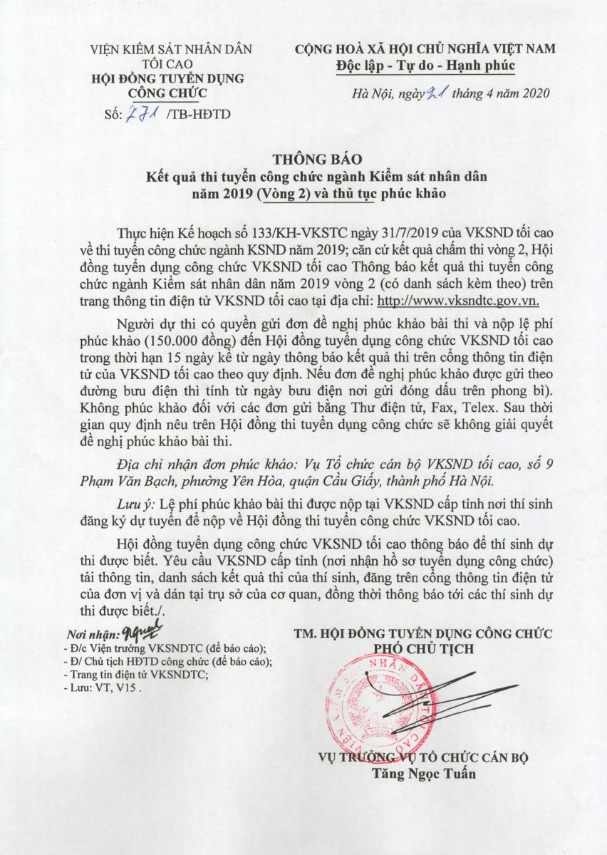 Thông báo kết quả thi tuyển công chức ngành KSND năm 2019 &#40;Vòng 2&#41; và thủ tục phúc khảo