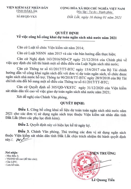Quyết định công bố công khai số liệu dự toán ngân sách nhà nước năm 2021