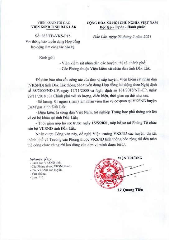 Thông báo tuyển dụng Hợp đồng lao động làm công tác bảo vệ tại VKSND huyện Cư Mgar